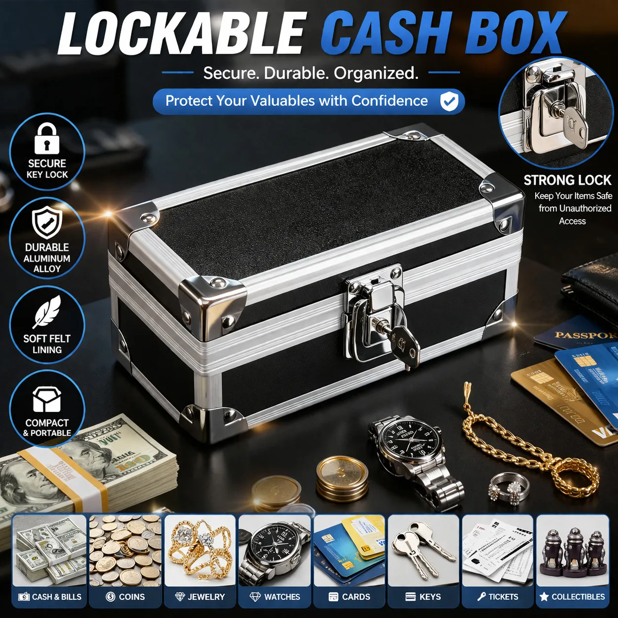 

Lockable Cash Storage Box Aluminum Alloy Money Organizer Safe Key Jewelry Case