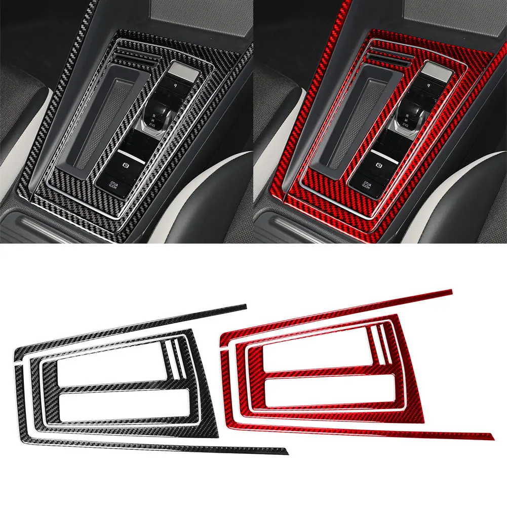 4 Pcs Interior Gear Shift Panel Set Cover Decoration Trim RHD For VW Golf 8 MK8 2021 2022 2023 Carbon Fiber Pattern Black/Red