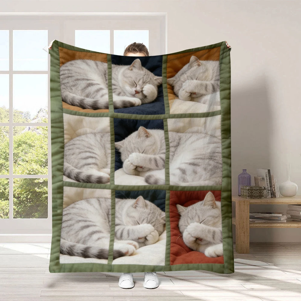 Mixed Color Kitty Patchwork Throw Blanket for Indoor Leisure Suitable For Bedroom Sofa Office Birthday Anniversary Holiday Gift