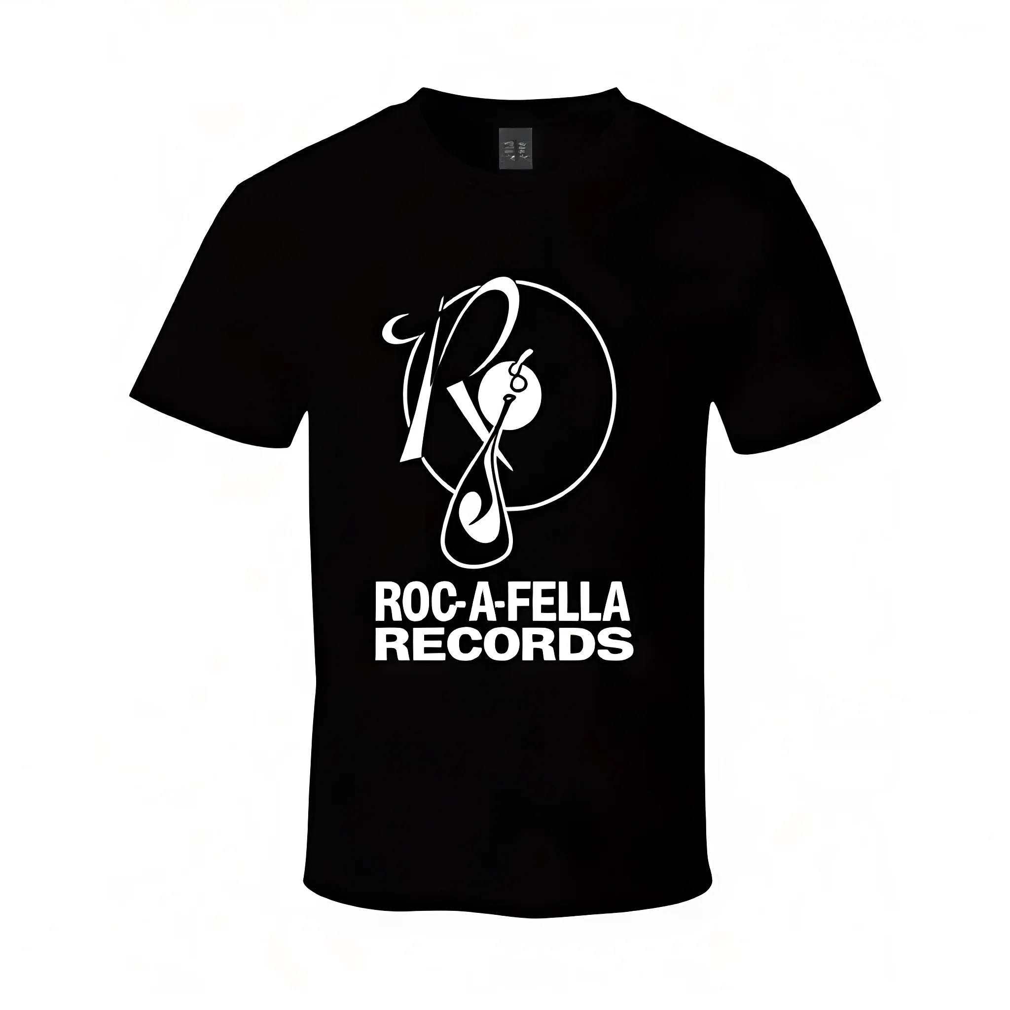 Men Rocafella Records Graphic T‑Shirt Black Glossy Crew Neck Pure Cotton Short‑Sleeve Tee Music Note Print Washable Casual Hip‑Hop Streetwear Tops