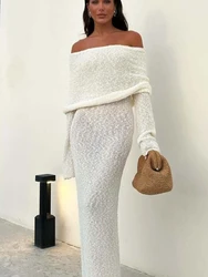 Bornladies New Beach Vacation One Neck Dress Thin Slim Fit Off Shoulder Long Skirt Women's Flared Sleeve Chic Knitting Dresses