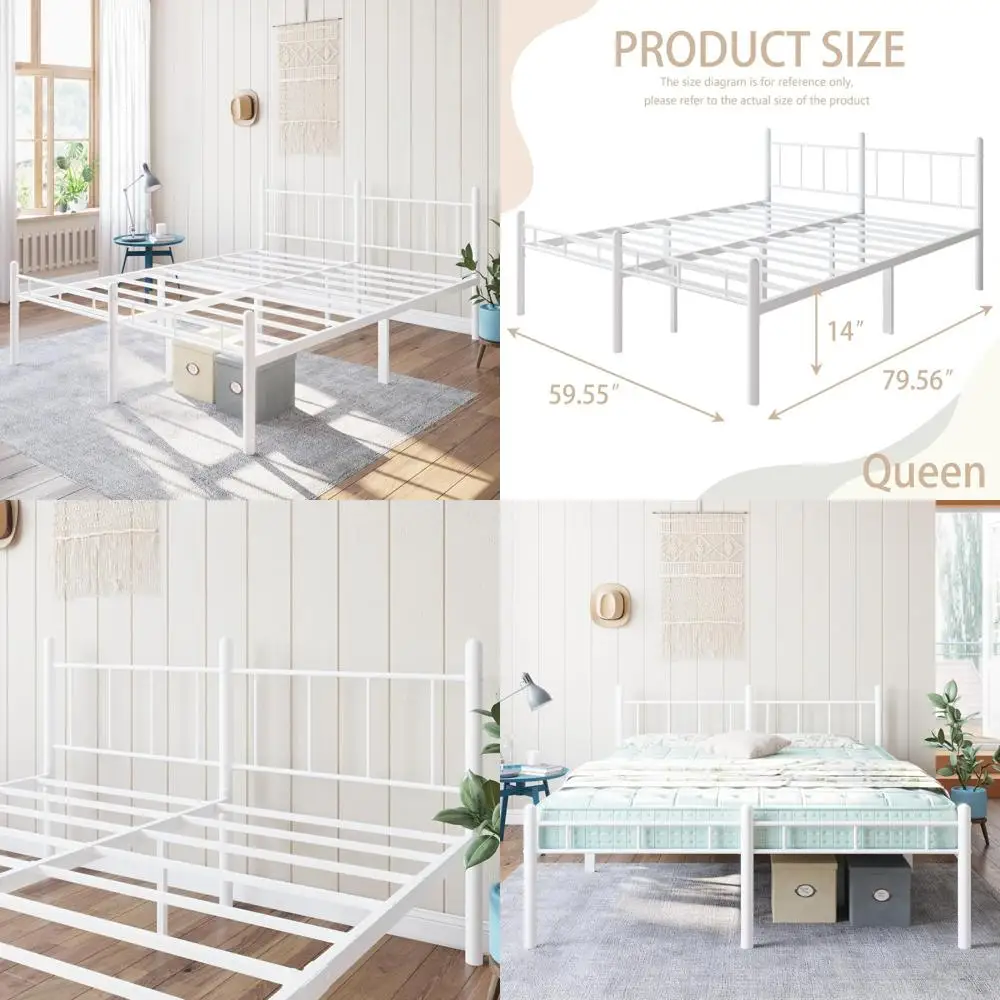 إطار سرير بحجم كوين مقاس 14 بوصة لا حاجة إلى صندوق زنبركي، منصة معدنية مع لوح أمامي ولوح للقدمين، شرائح شديدة التحمل تدعم سهلة الاستخدام