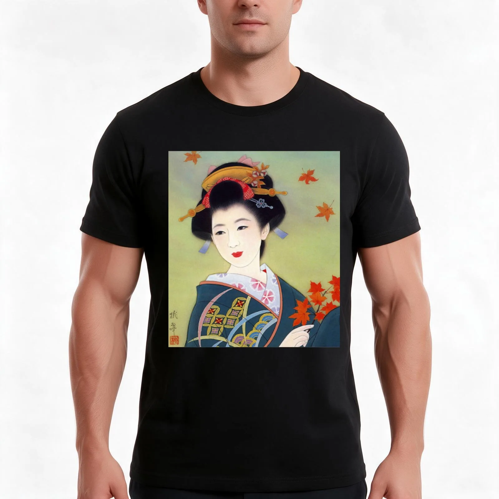 Japanese classic geisha lady art T-Shirt, Summer Casual Cotton Tee, Oversized Streetwear Tops, Vintage Graphic Print