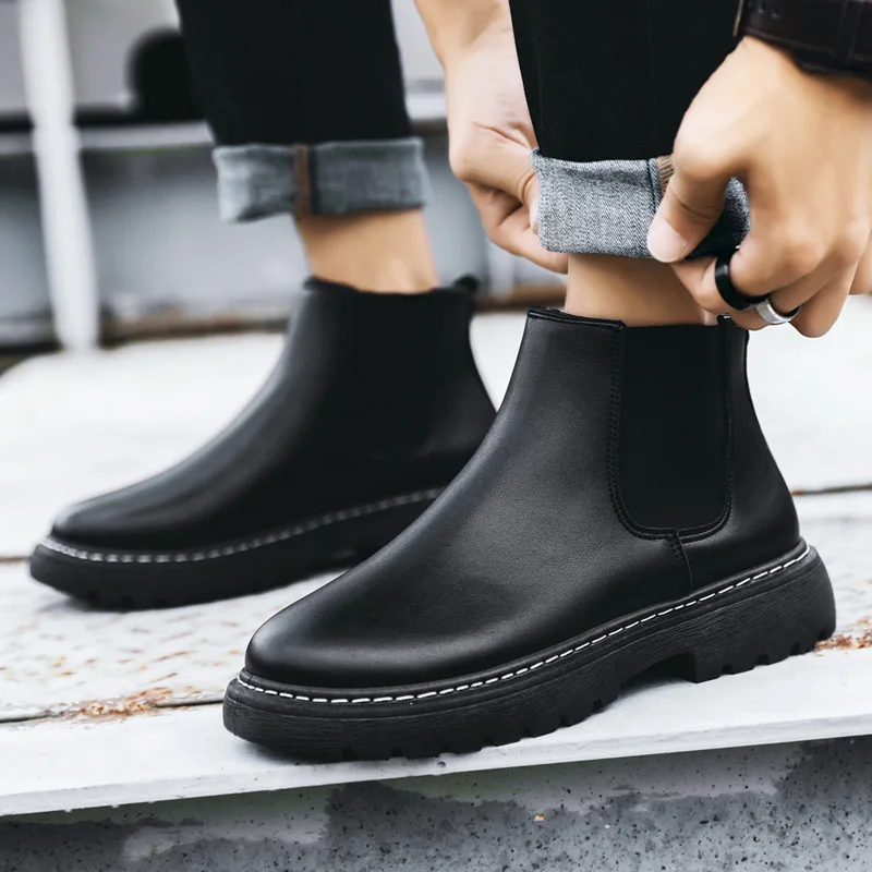 Fashion Autumn and Winter Men\'s Short Boots Trend Casual Shoes Leather Boots Boots Men\'s Leather Shoes Chelsea Boots