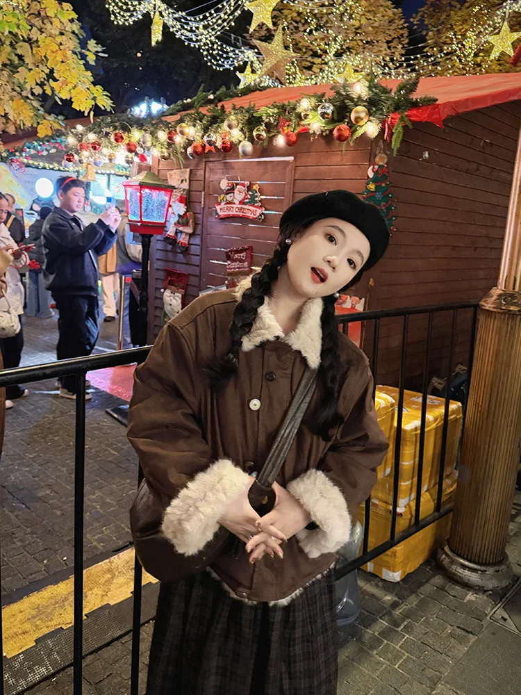 Jaqueta Feminina de Couro e Veludo Dupla Face, Quente e Elegante para o Inverno, Nova Coleção, com Forro de Couro e Pelo Integrado, Estilo Casual, Manga Longa