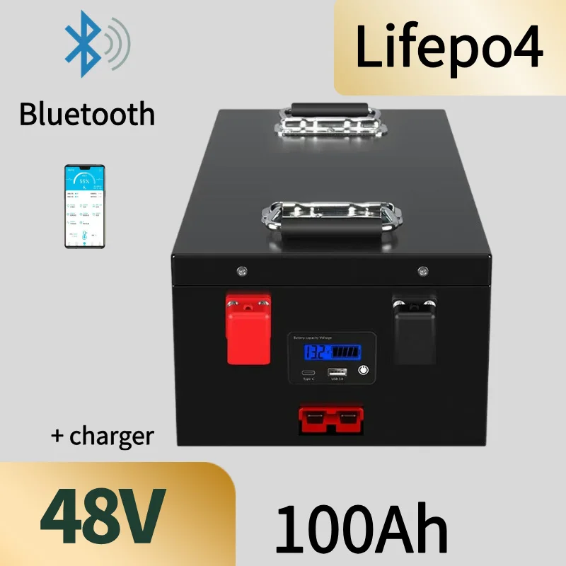 

Lifepo4 48v 100AH lithium batterry with bluetooth BMS APP fortricycle inverter Solar energy storage scooter + 10A charger