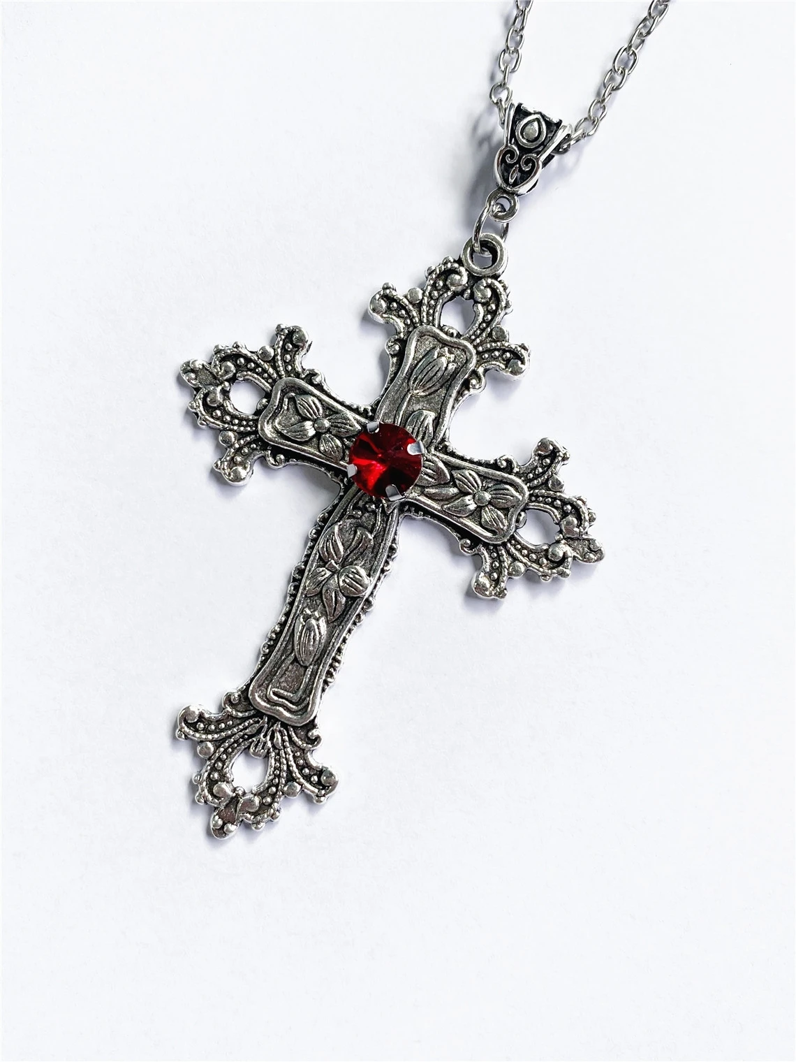 Modische Vintage Flammenkreuz-Anhänger Halskette für Damen und Herren, Lange Kette, Punk Goth Trendige Accessoires, Choker Gothic Schmuck – Detail 10