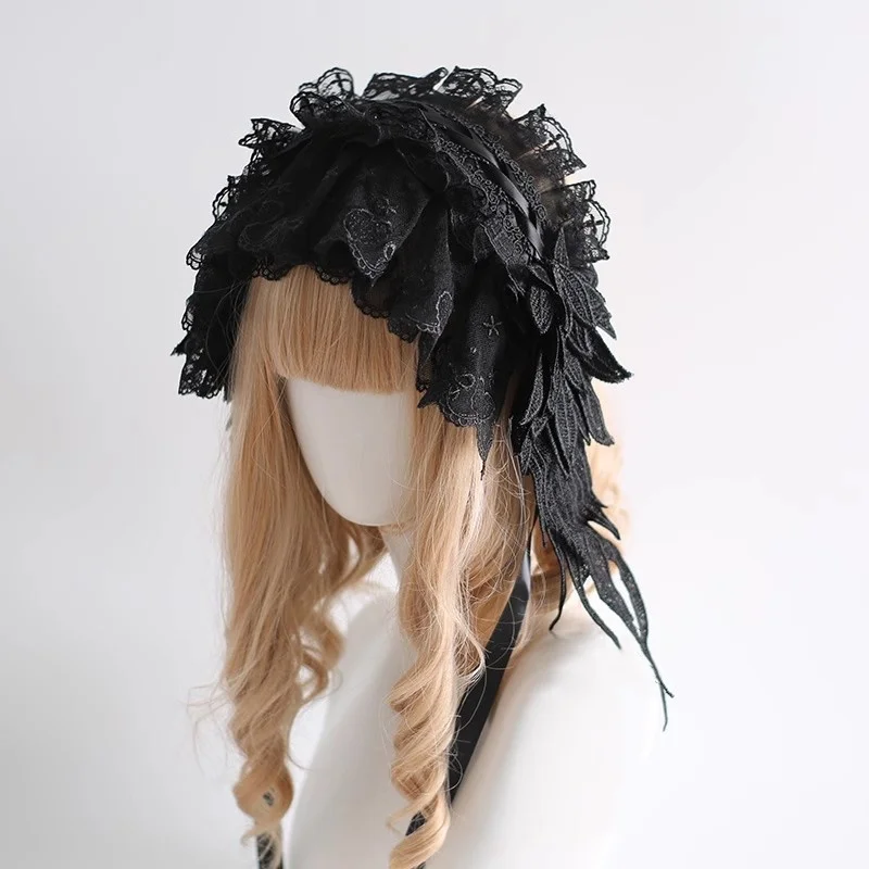 2 أنواع Harajuku الحجاب خوذة لوليتا القوطية الملاك ريشة أجنحة عقال الظلام ثقافة فرعية تأثيري الدانتيل إكسسوارات الشعر