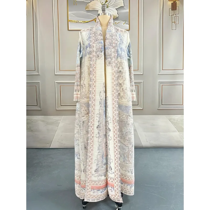 미야케 아바야 아라비안 플리츠 로브 재킷 정장 고급 이브닝 파티 로브 플러스 사이즈 긴팔 라마단 드레스 구김 방지