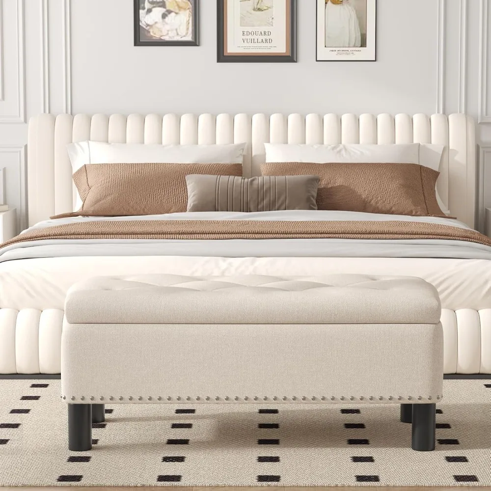 

42” Ottoman Bench with Storage, Folding Storage Ottoman Benches with Wood Legs, Upholstered Bedroom Bench with Button-Tufted, E