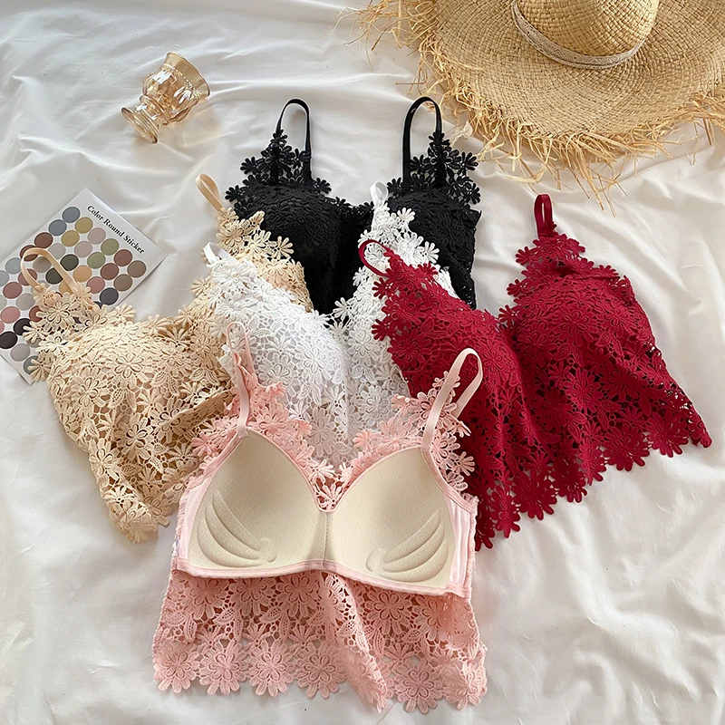 Sexy Lace Camisole Crop Tops Women Tube Top White Flower Embroidery Brassiere Wire Free Female Fashion Lingerie Bras Vest Pink