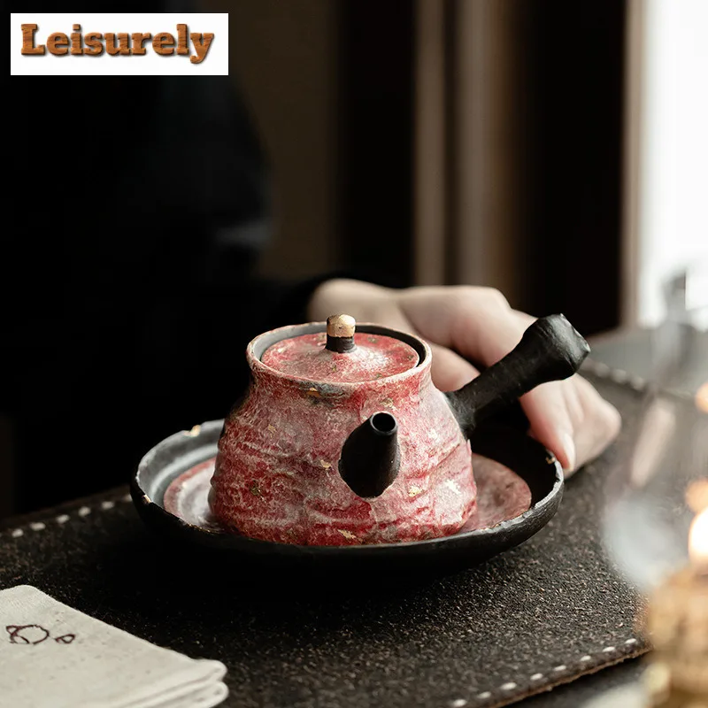 140ml Wabi Sabi Rock Mine Colored Pottery Teapot Boutique Urgent Beard Side Handle Pot Tea Making Kettle Chinese Tea Set Gift