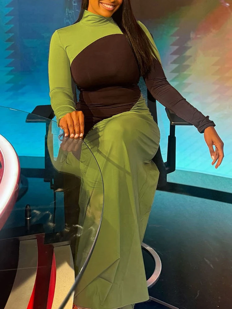 Abito da sera sottile a maniche lunghe con colletto alto sexy Lady Nuovo abito da festa aderente a vita alta con fianchi avvolgenti Abito da festa aderente a blocchi di colore