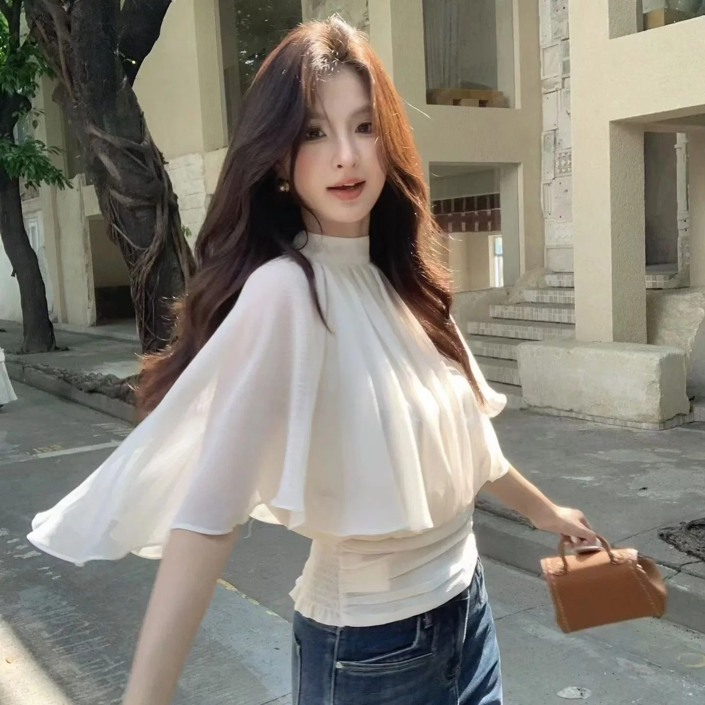 2026 New Women's Chiffon Shirt Slimming High Collar Cowl Neck Commute Style Short Sleeve Breathable Polyester Fashion Top