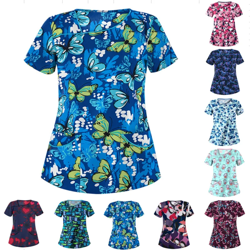 Clinical Women's Uniform Dinosaur Cartoon Print Microelastic V-Neck Scrub  Fashion Short Sleeve Pocket Medical Clothes
