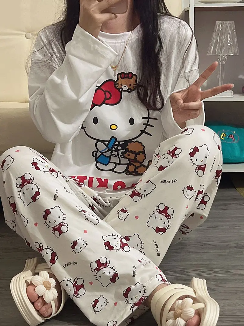 

Sanrio Kawaii Hello Kitty Pajamas Women Long Sleeves Pants Home Set Cute Cat Y2K Girl Dormitory Casual Fall Wear Clothing Gift