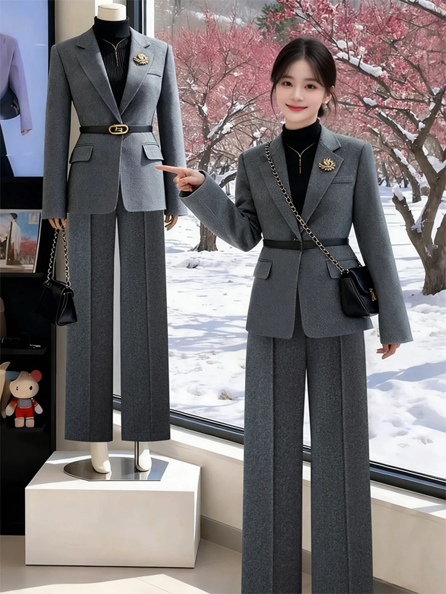 

Осенне-зимний женский деловой костюм: приталенный, для офиса, комфортный, теплый, из полиэфирного волокна, с высокой талией