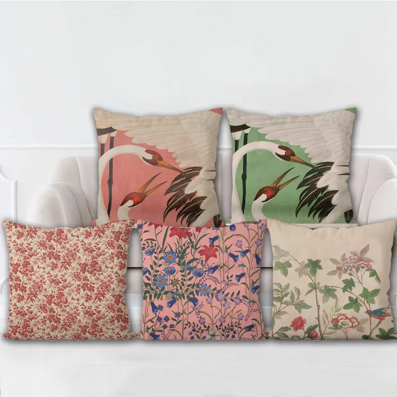 Classical Flower Pattern Pillow Case Italy Gu Illustration Sofa Decorative Cushion Cover Heron Plant Wax Leaf Linen Home Decor