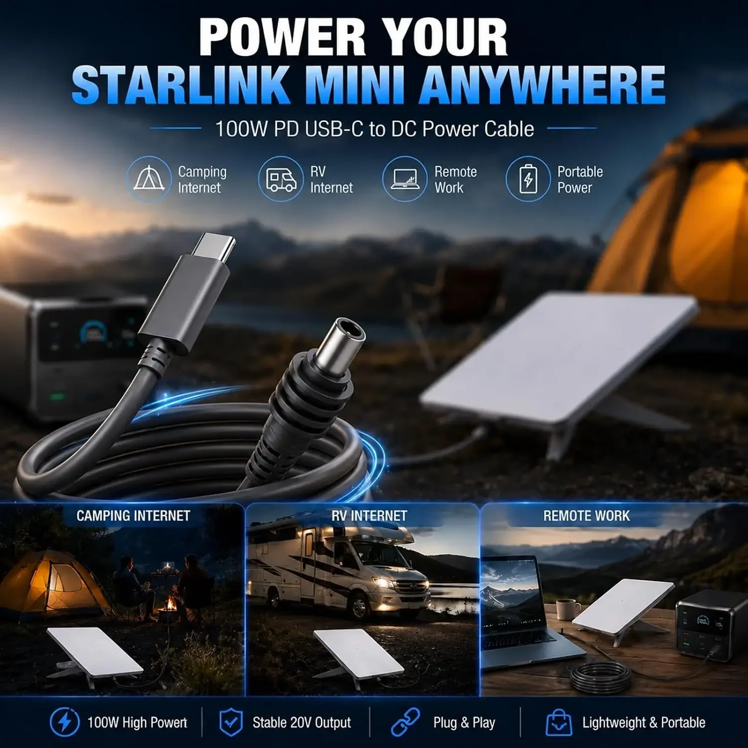 Starlink Mini Cable,18AWG Waterproof USB C to DC Power Cord,for 20V PD Power Bank/Portable Power Station,5A Fast Charging