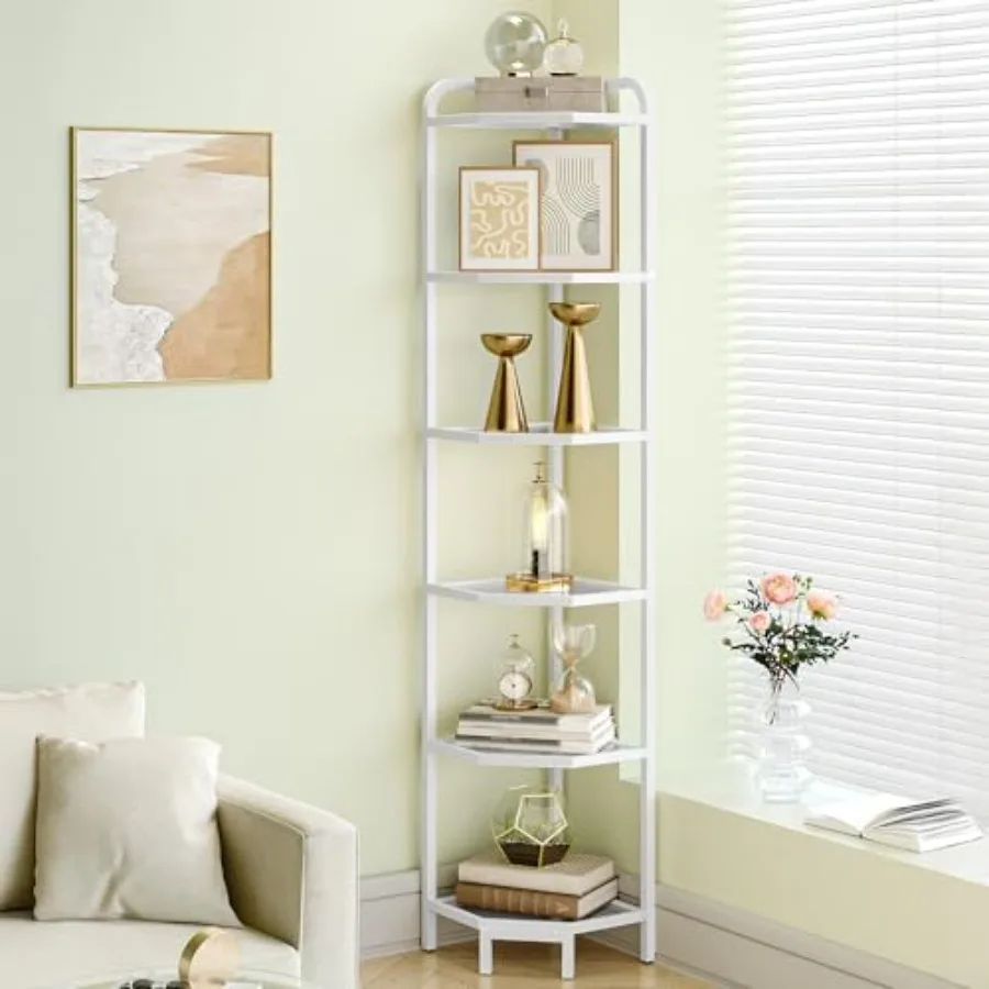 

Corner Shelf Stand Glass Bookshelf Bookcase Bathroom Organizer Plant Stand Steel Frame Tempered Glass Modern Style for Living R