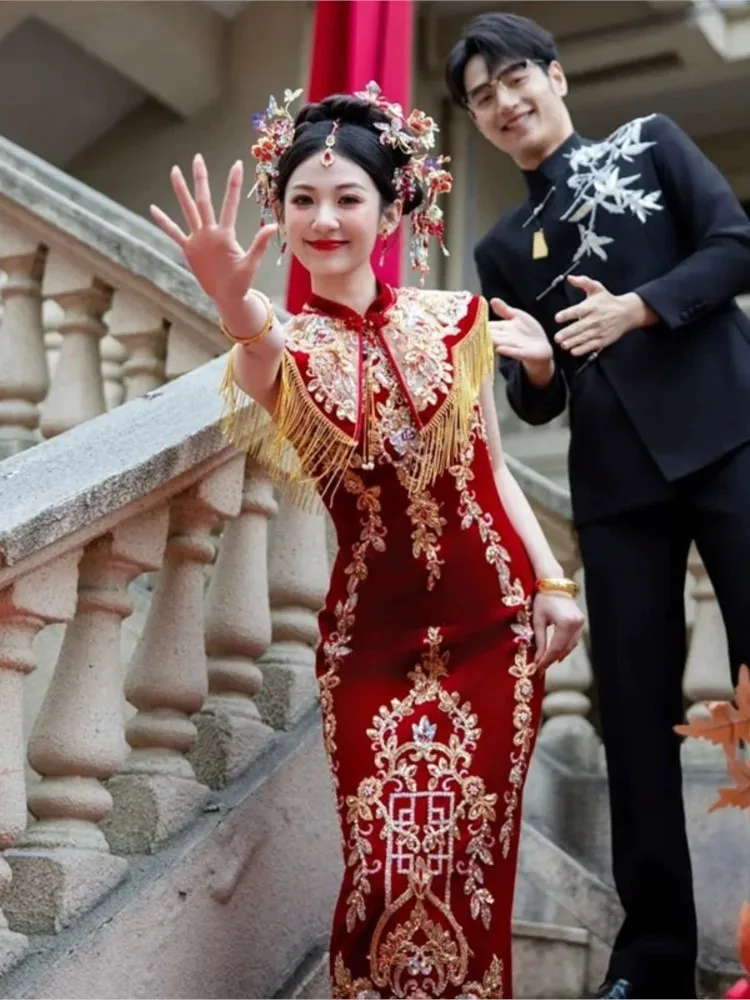 

Wearing cheongsam toasting dress shawl Chinese-style wedding luxurious full-length skirt and formal