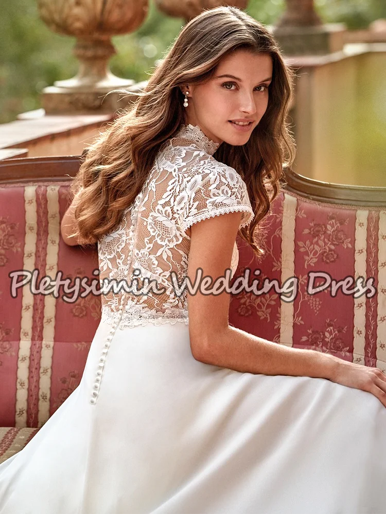 Pletysimin 여성을위한 우아한 레이스 웨딩 드레스 하이 넥 Boho A 라인 신부 가운 쉬폰 캡 슬리브 Vestidos De Novia Customize