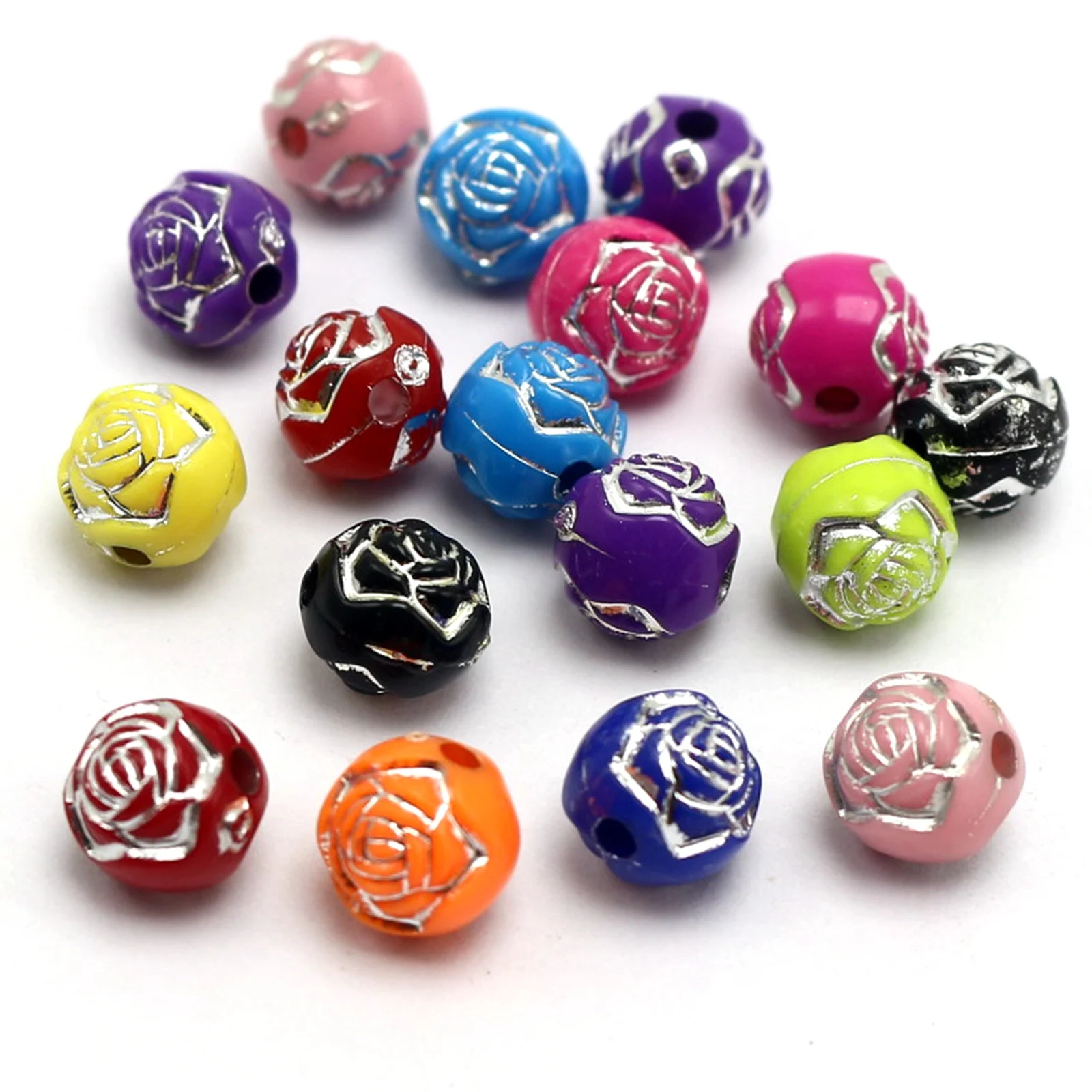 200pcs Mixed Colour Sparkling Silver Pattern Acrylic Round Beads Various Style