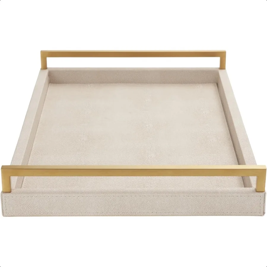 

Ivory Shagreen Leather Serving Tray with Gold Handles 17.7x11.8Inch Large Wooden Decorative Tray for Coffee Table Large Ottoman