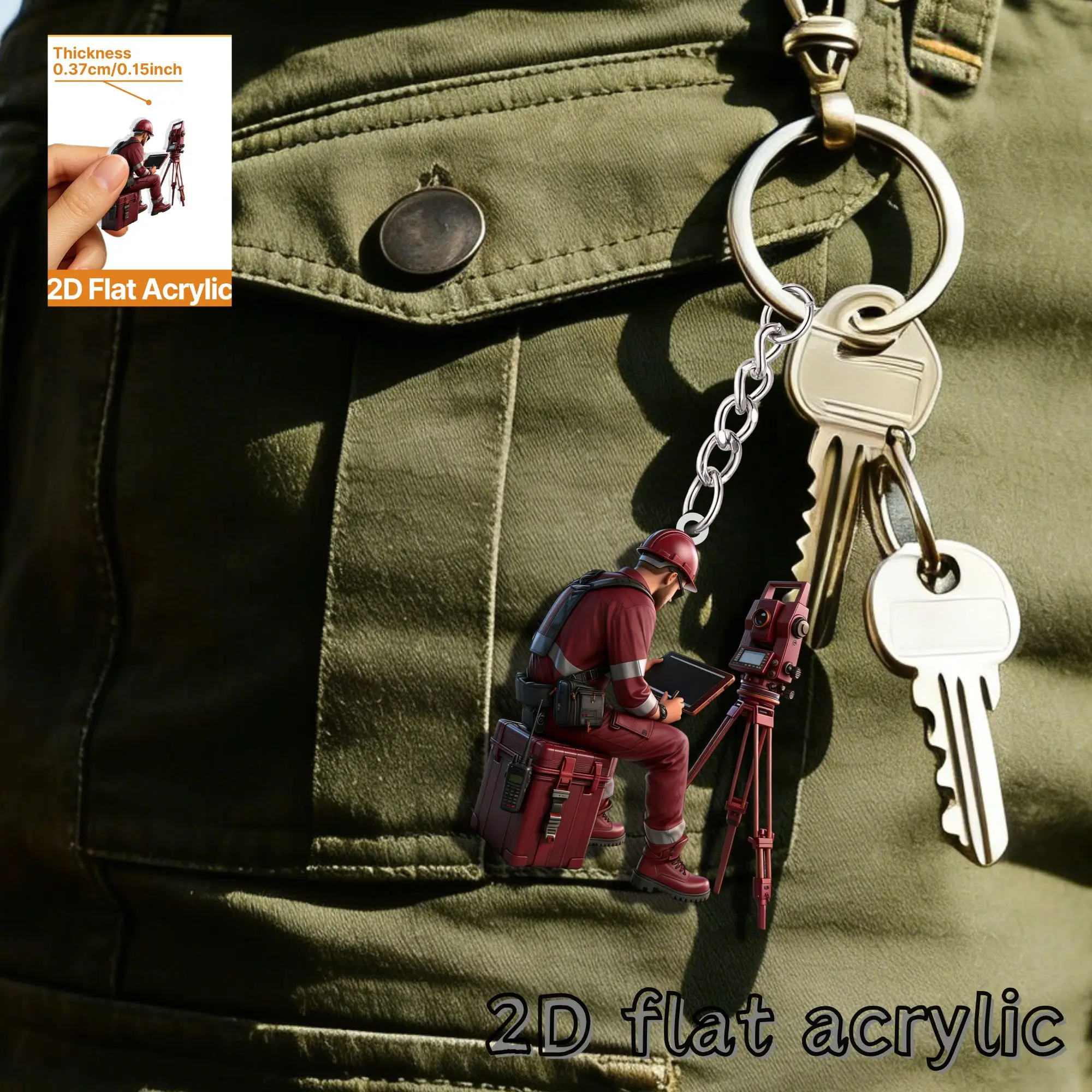 Vermessungstechniker mit Theodolit-Schlüsselanhänger, 2D-Flach-Acryl, mehrere Designoptionen für Rucksäcke, Schlüssel, Autospiegel, Taschenanhänger – Detail 9
