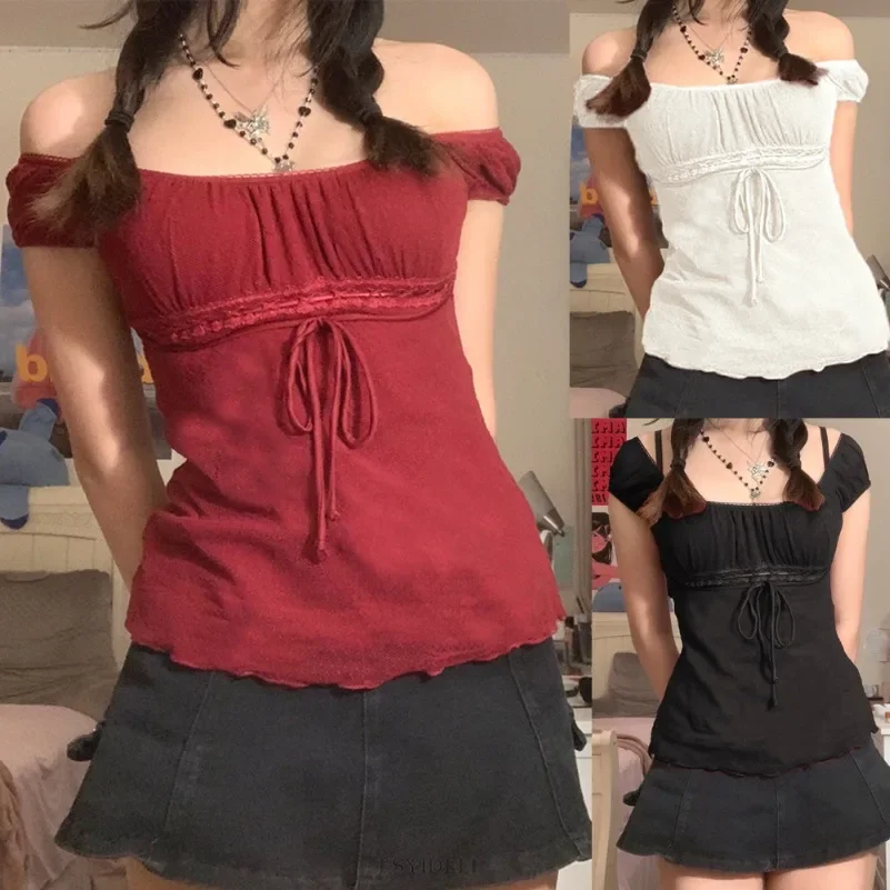 

Y2K Vintage Fairy Women Crop Top Retro Clothes PTKPCC Elegant Lady Square Collar T-shirt Bow Short Sleeve Pullovers Tees