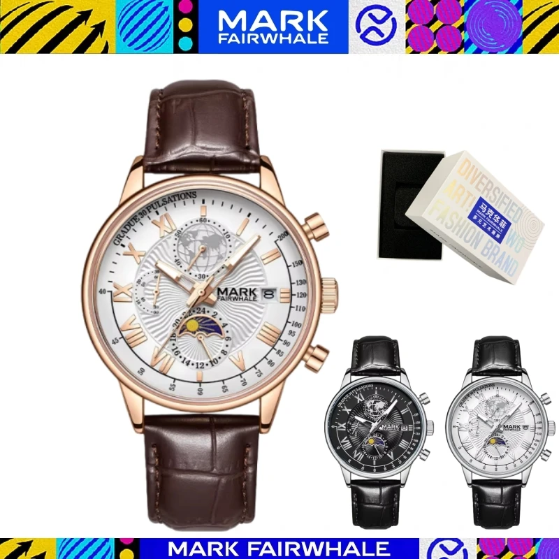 

MARK FAIRWHALE 5067 NEW Luxury Men Watch Multi-functional Moon Phase Chronograph Luminous Waterproof Quartz Watches for Man +BOX