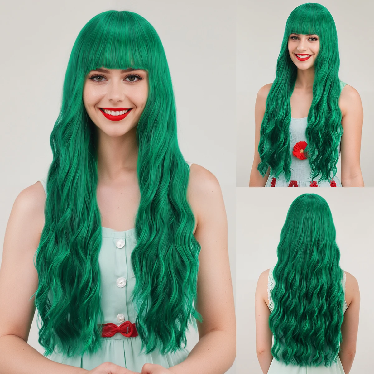 غرة أوروبية وأمريكية، شعر مجعد طويل، شعر طويل مموج بالماء الأخضر، غطاء رأس كامل من الألياف الاصطناعية