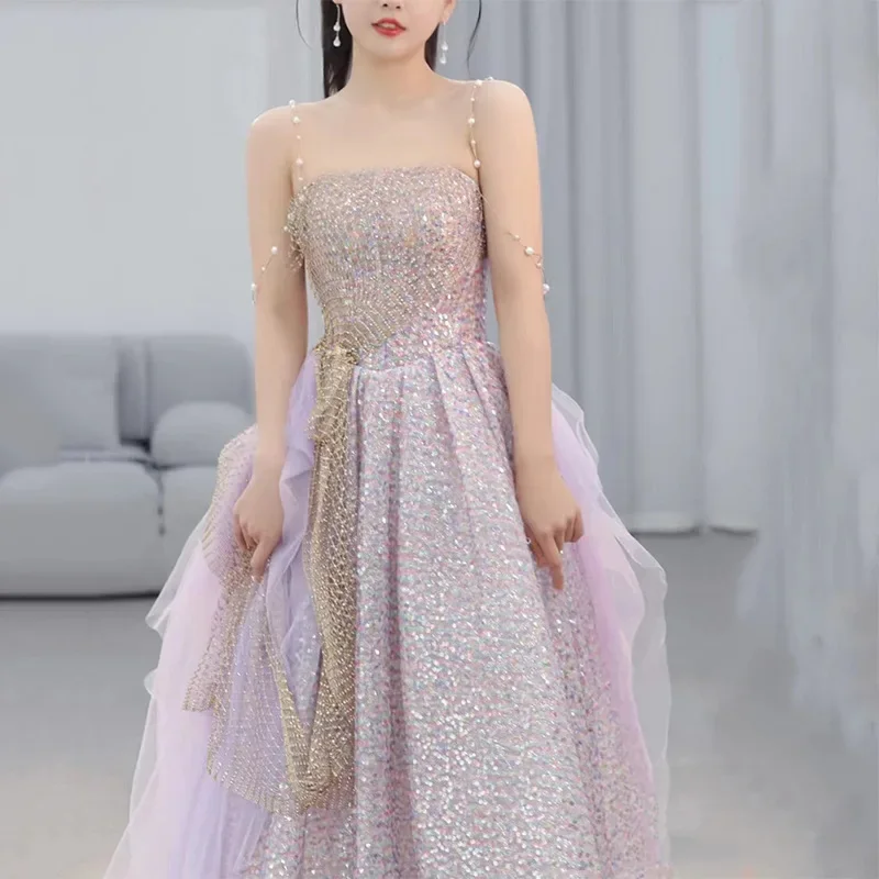 Sexy Tube Top Long Prom Ball Gown Women Light Purple Sparkly Exquisite Sequins Party Evening Dresses