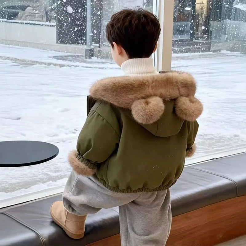 Kinder-Mantel mit Plüschfutter und Kapuze, Winterjacke, dick und warm, Mädchen-Oberbekleidung, neue Thermo-Sport- und Freizeitkleidung für Kinder, 2-10 Jahre – Detail 4
