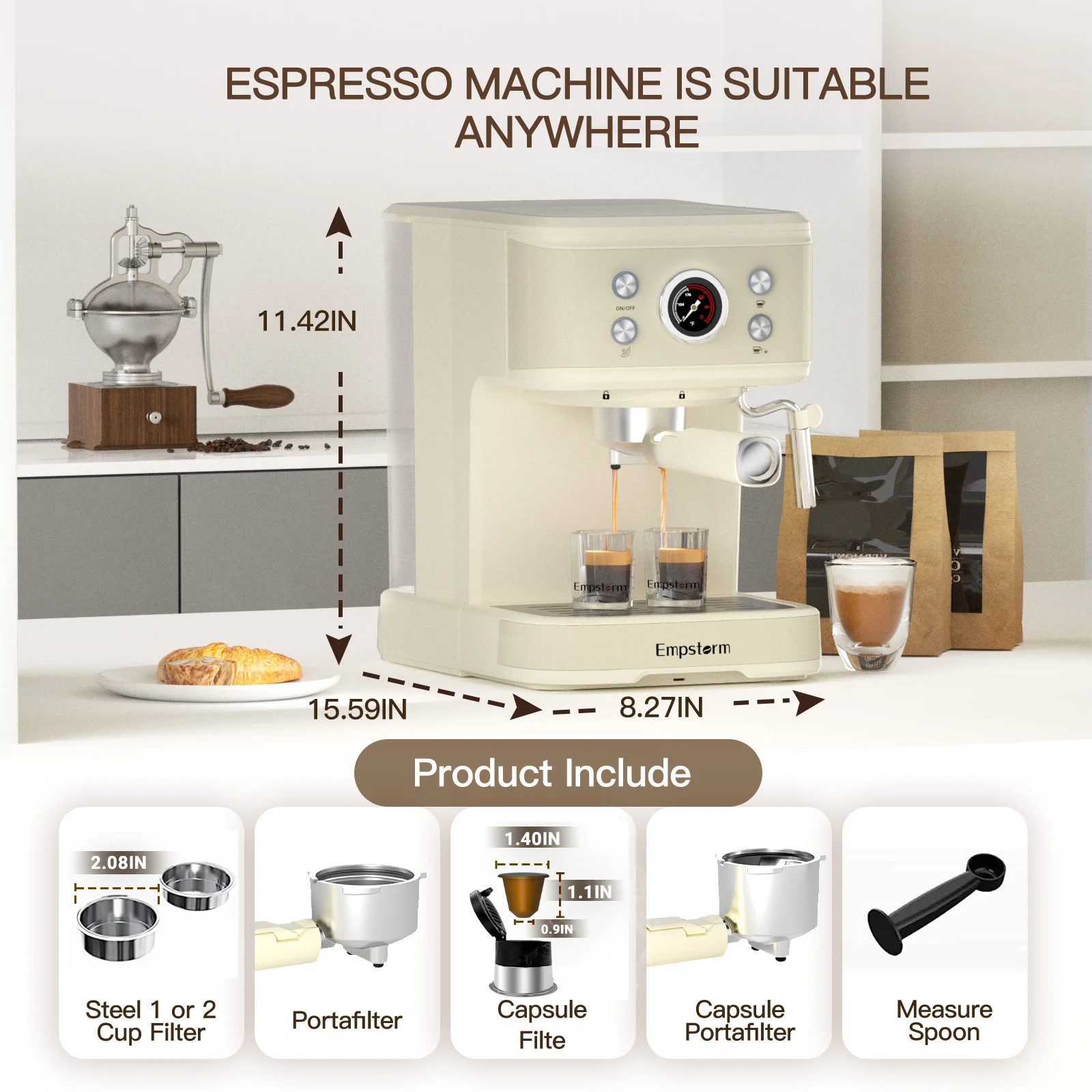 Machine à cappuccino commerciale, filtre en acier inoxydable, cafetière expresso, usage domestique, tempête vers le haut, 2 tasses, 20 bars