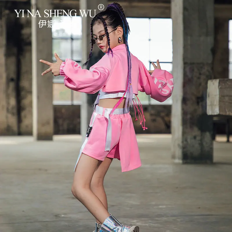 Kid Girl Jazz Dance Costume Children Street Hip Hop Dance Jazz Kpop Dance Costume for Girls Pink Outfit Streetwear Clothes Sets