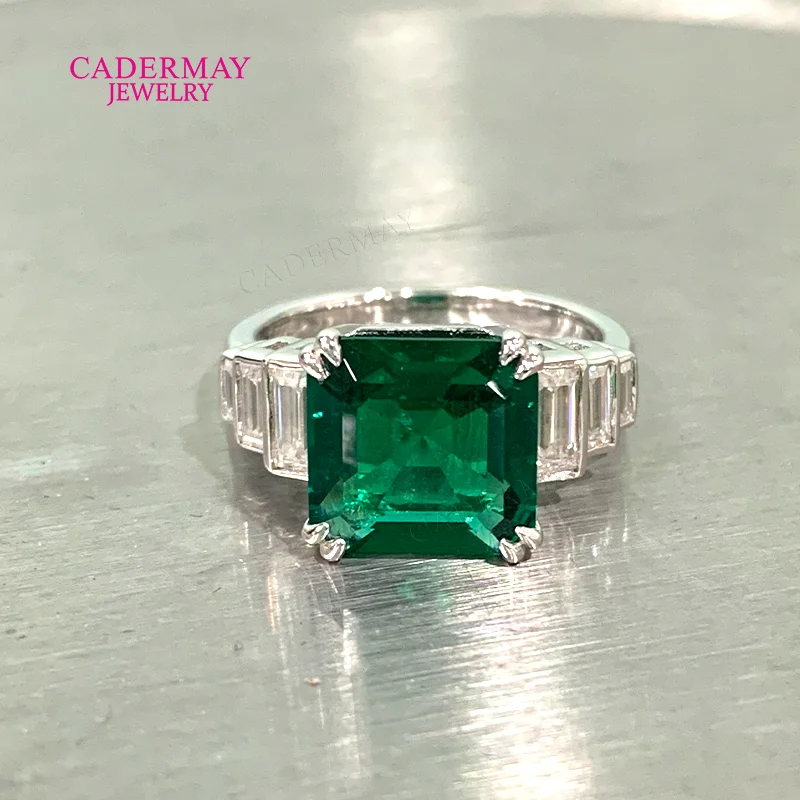 Cadermay 925 Silver 10mm Asscher Cut Muzuo Green Lab Emerald Ring Bezel Setting Moissanite Engagement Promise Rings Women Gift