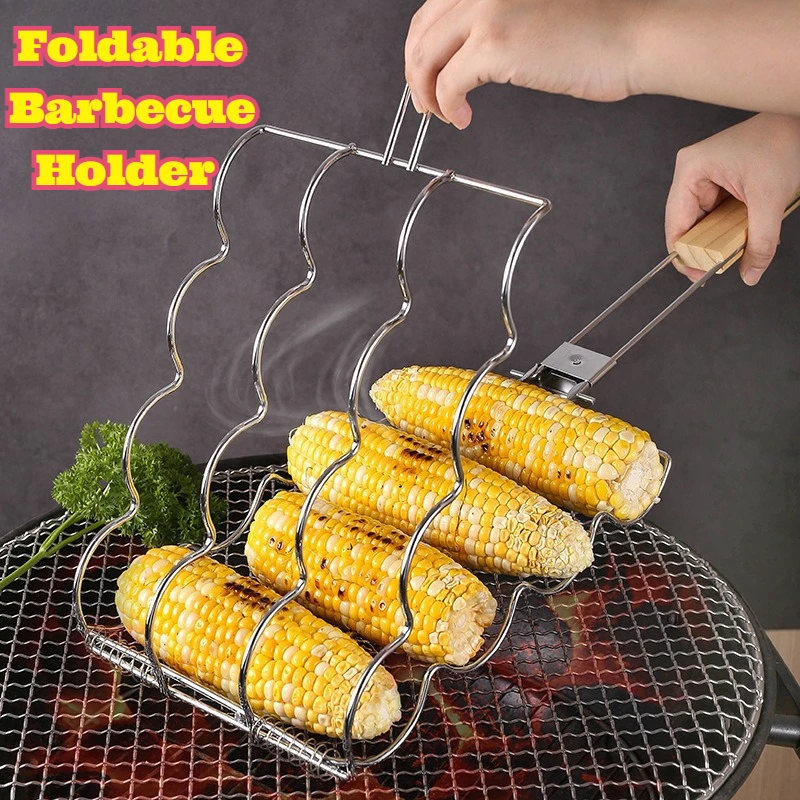 

Stainless Steel Foldable BBQ Grill Tong Corn Hot Dog Roaster Outdoor Camping Picnic Backyard Cooking Accessories Convenient Fast