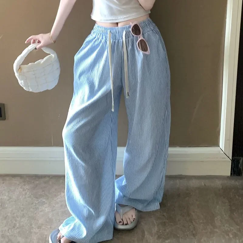women Pants American Blue Stripes Patchwork Checkered Wide-leg Trousers Home Wear Outerwear Skin-friendly Versatile Loose