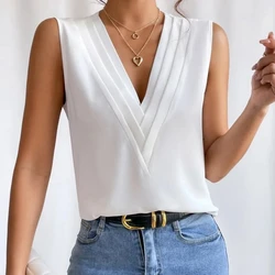 Summer Sexy Loose Tank White Shirts For Women Blouse Elegant Fashion Loose Casual Sleeveless Solid Deep V Neck Short Sleeve Tops