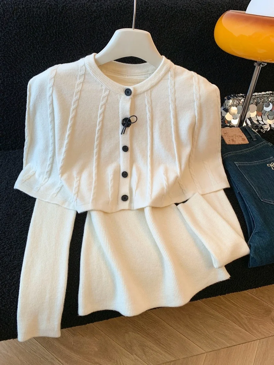 

Корейский мягкий уютный вязаный свитер Long Sve, женский зимний новый комплект из двух предметов, модный топ с капюшоном и запахом