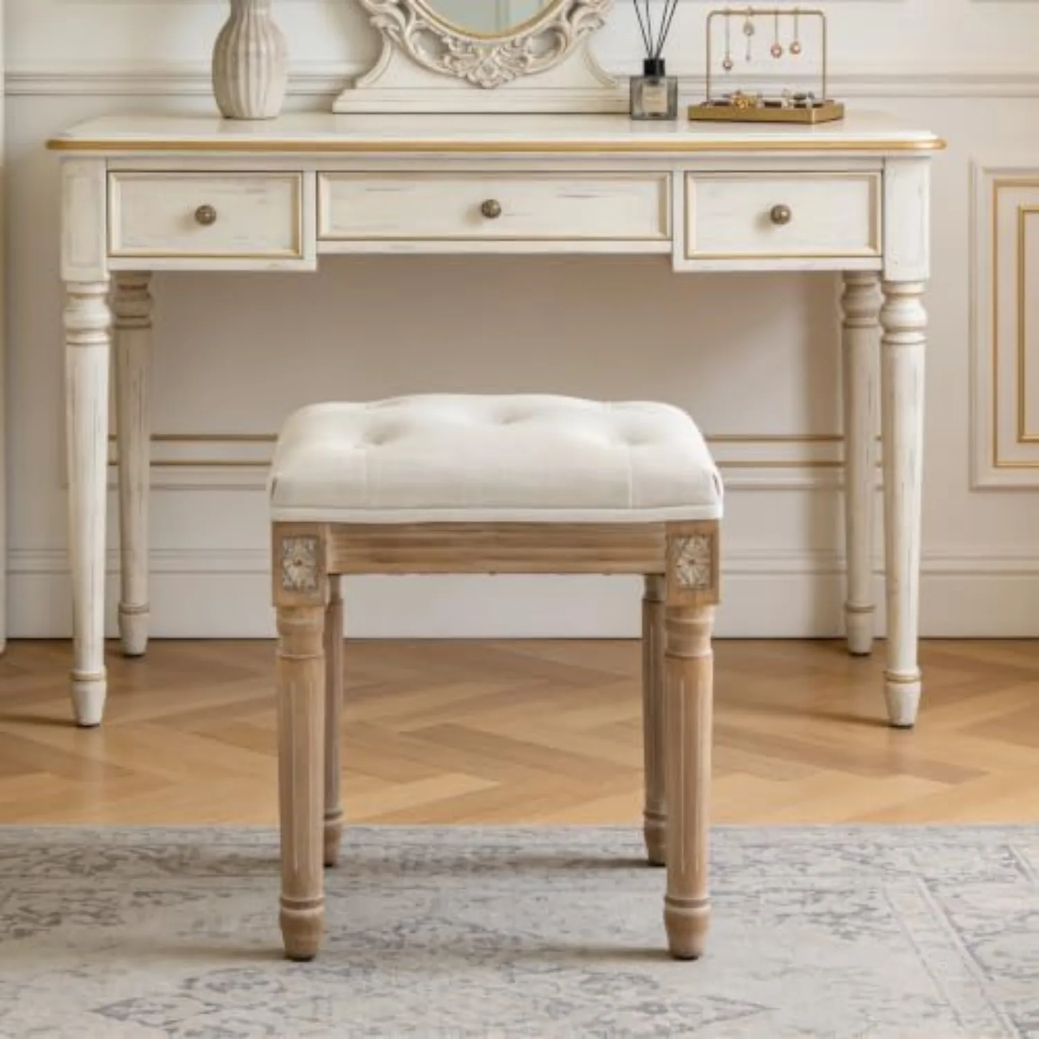Tufted Vanity Stool with Linen Upholstery & Carved Solid Wood Legs | Ottoman, Floor-Safe Design, Multi-functional Use