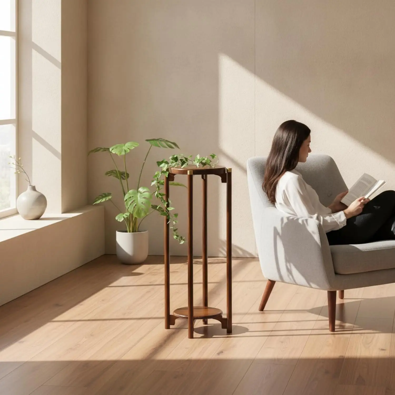 Large Indoor Shelf with Compact Vertical Profile and Two Tier Round Shelving for Exhibiting Plants and Decorative Pieces in Smal