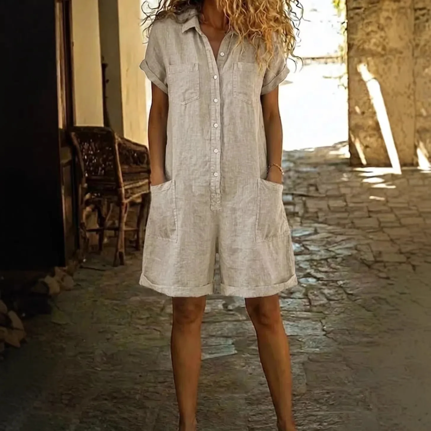 Casual Solid Color Single-breasted Short-sleeve Loose Casual One-piece Outfit Fashionable For Women