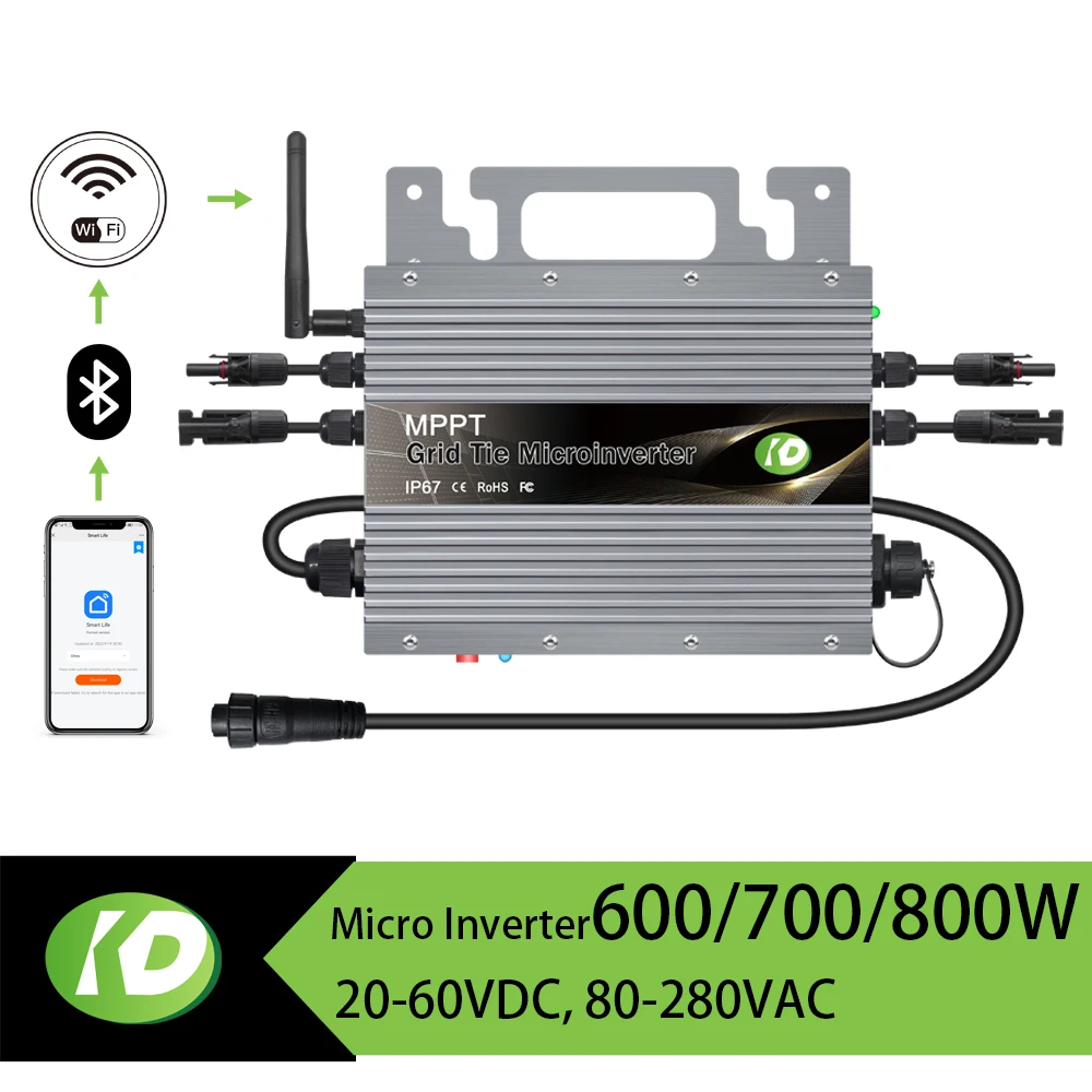 800W 20-60VDC Solar Grid Connected Micro Inverter, 80-280VAC, With WiFi Smart, Used For Solar Power Generation Systems