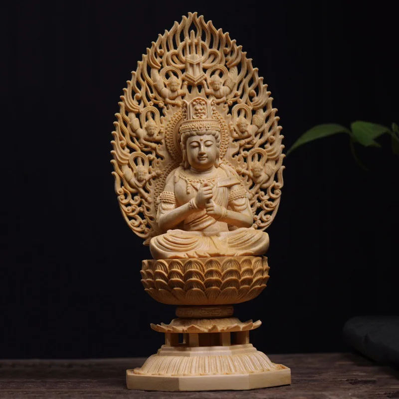 Wood Carved Mahāvairocana (Dainichi Nyorai) Figurine - 28.5cm High, Home Altar Decor with Eight Guardian Bodhisattvas