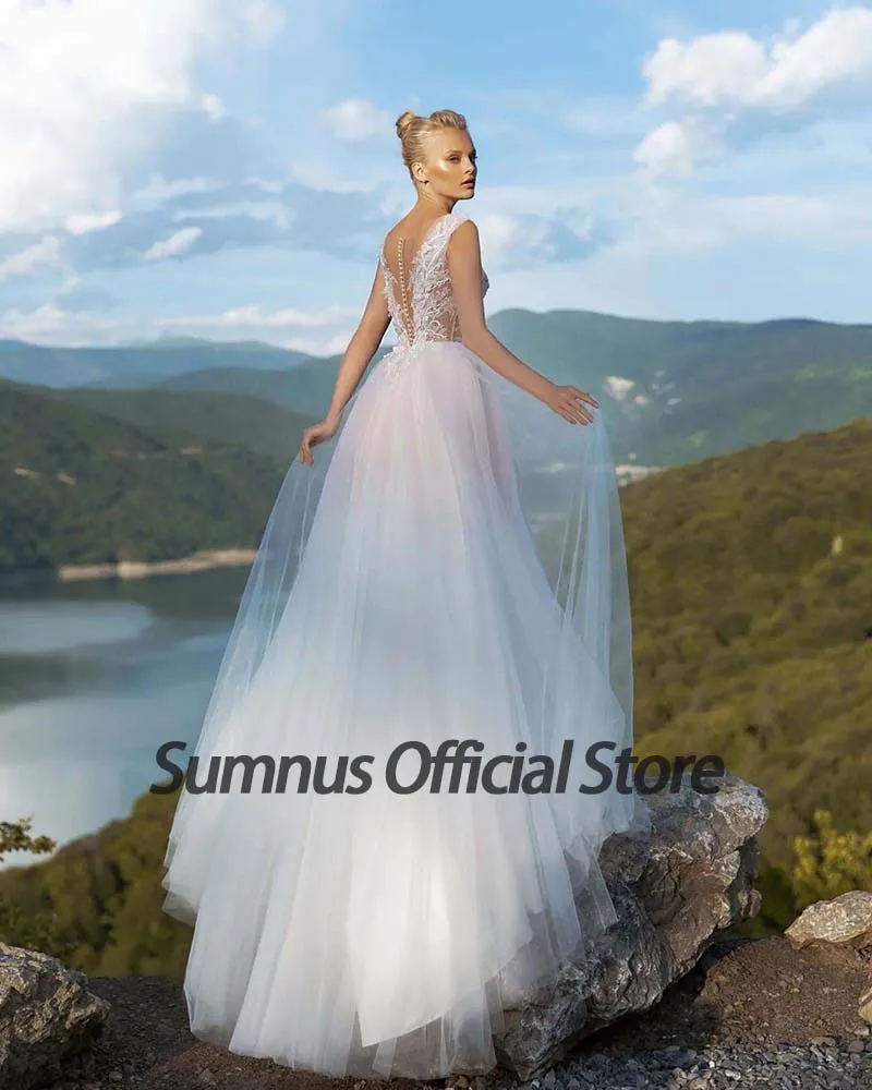 Sumnus boho vestido de casamento manga profunda rendas apliques vestido de noiva robe de mariee 2022 botão ilusão tule vestidos de casamento