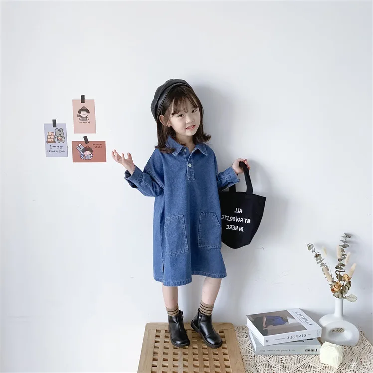 Girls Dress 2026 Spring and Autumn New Korean Style Retro Casual Denim Long Sleeved Dress with Versatile Temperament