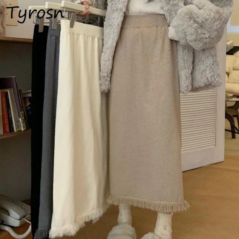 

Skirts Women Thickened Tassel Knitted High Waist Solid Warm Mid-calf Length Korean Style Elegant Casual Office Lady Autumn Chic