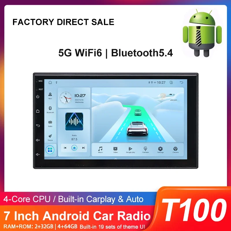 T100 Automotive Universal 7 Inch 2Din Build In Android Car GPS Audio Radio 2+32G Car Stereo DVD MP5 Player Multimedia Carplay